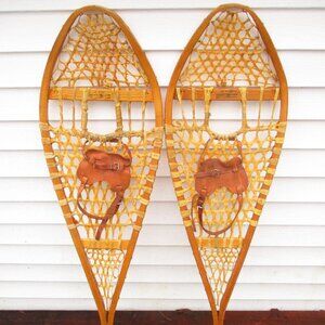 Vtg Indian Made Wood & Rawhide Snowshoes  14" x 48" Snow Shoes Gros Louis